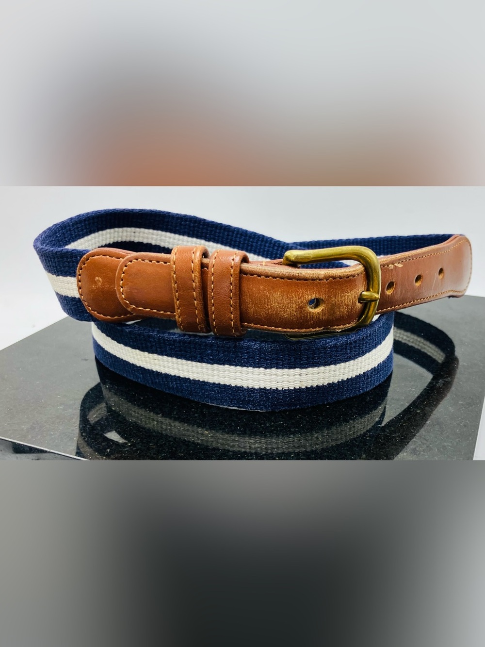 Coach Leather / Linen Blue White Brown Belt Sz 32 Style# 3834